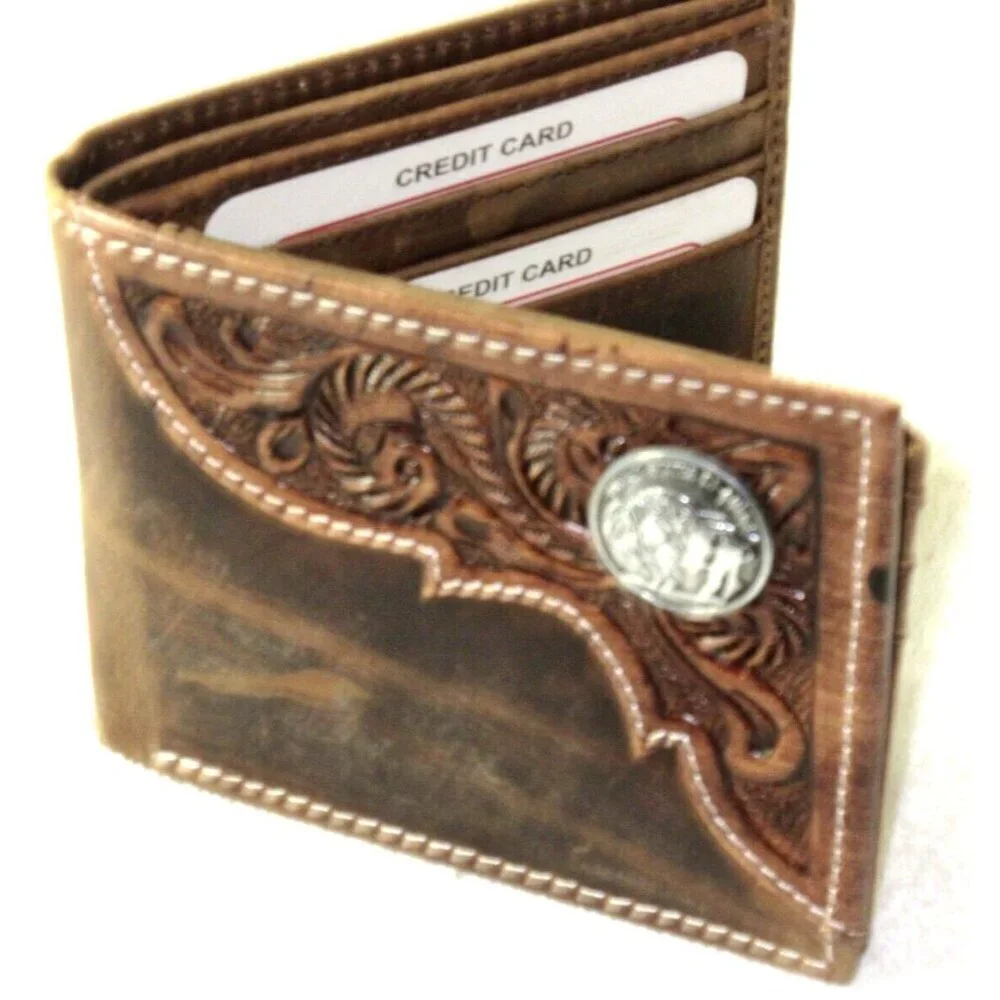 American Bison Men's Buffalo Nickel Concho Bifold Brown Leather Wallet NIB